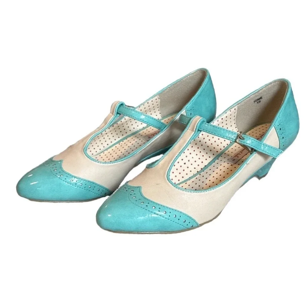 Retro Rockabilly BAIT Teal Mint Cream Wingtip T-Strap Pumps Size 10 Pin-up Retro